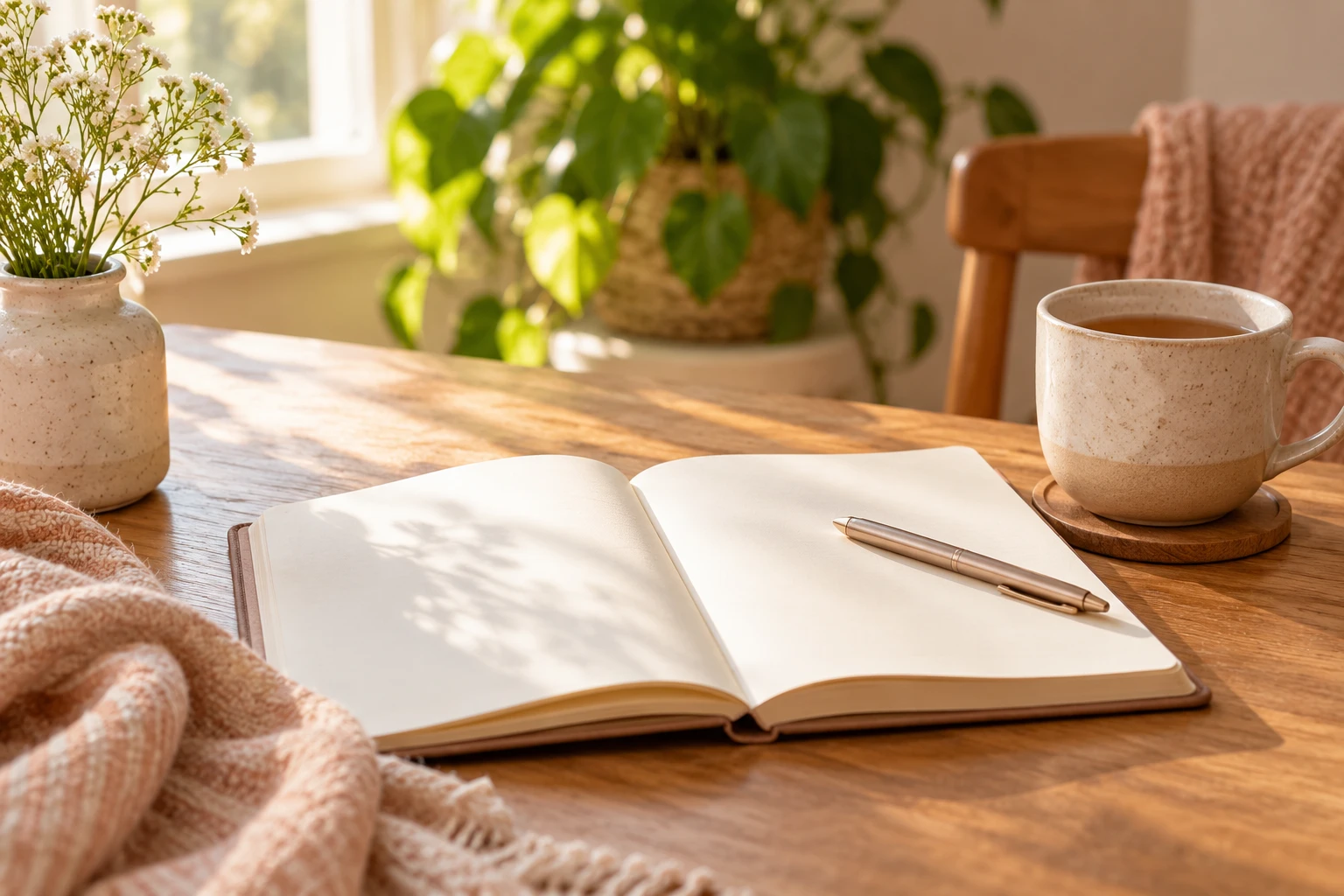 Ein offenes Notizbuch und eine Tasse Tee im Morgenlicht