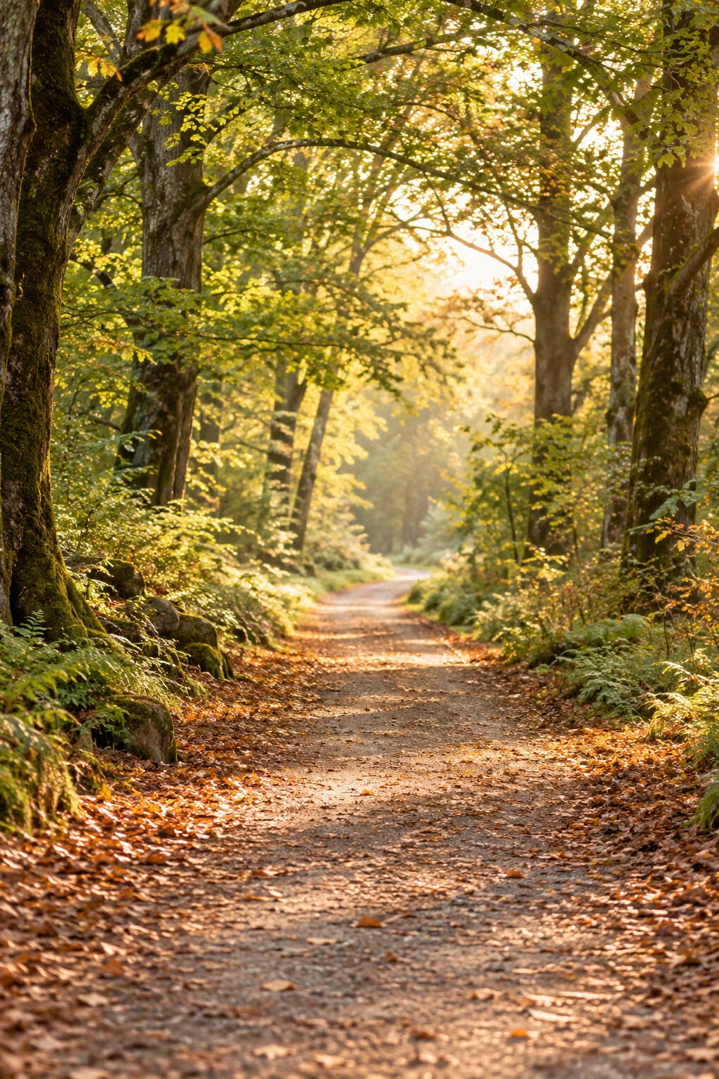 Ein Waldweg führt durch Bäume ins sanfte Sonnenlicht